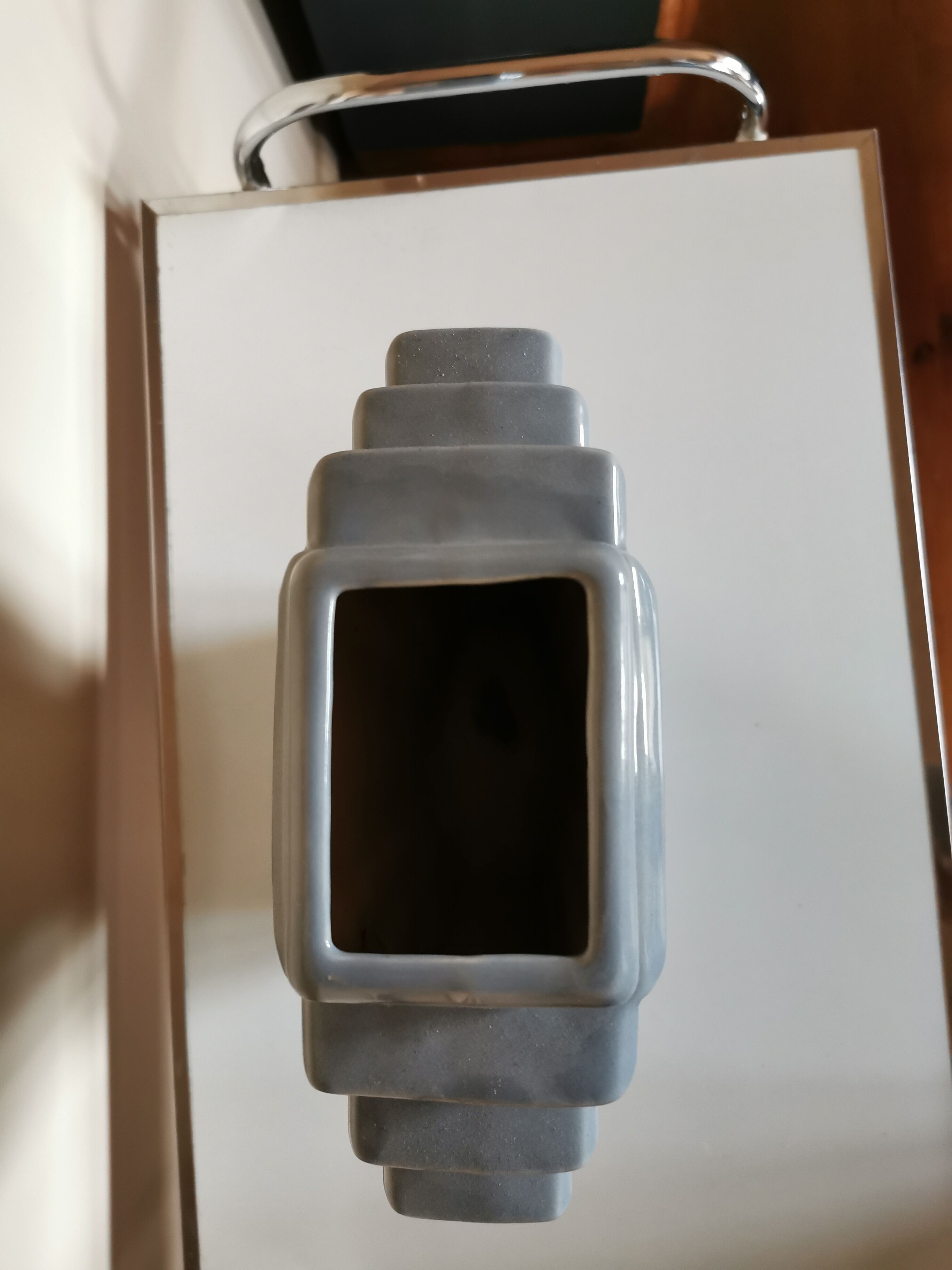 Grey ceramic art deco vase, fan shape.