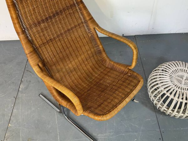 Chaise longue moderniste en acier et rotin du milieu du siècle par Dirk van Sliedregt