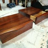 Scandinavian suspended bedside tables in rosewood.