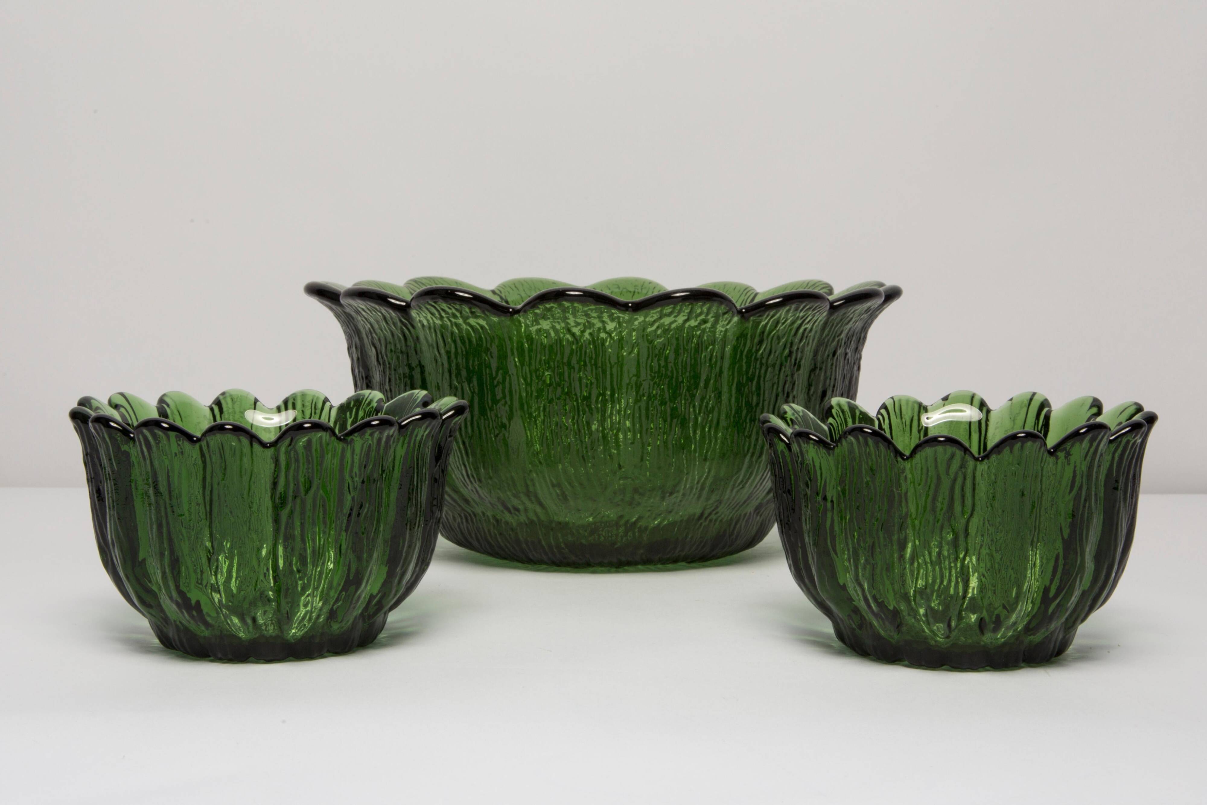 Ensemble de Trois Bols en Cristal Vert Milieu du Siècle, Italie, Années 1970