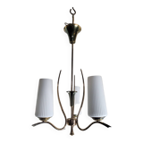 Vintage 3-light brass chandelier in opaline from the 60s