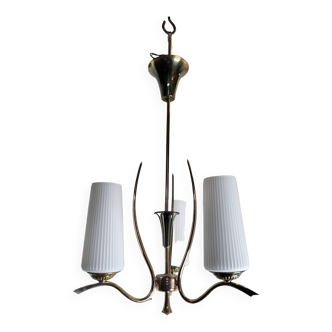Vintage 3-light brass chandelier in opaline from the 60s