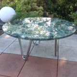 Round coffee table in green marble and chrome / vintage base 60s-70s