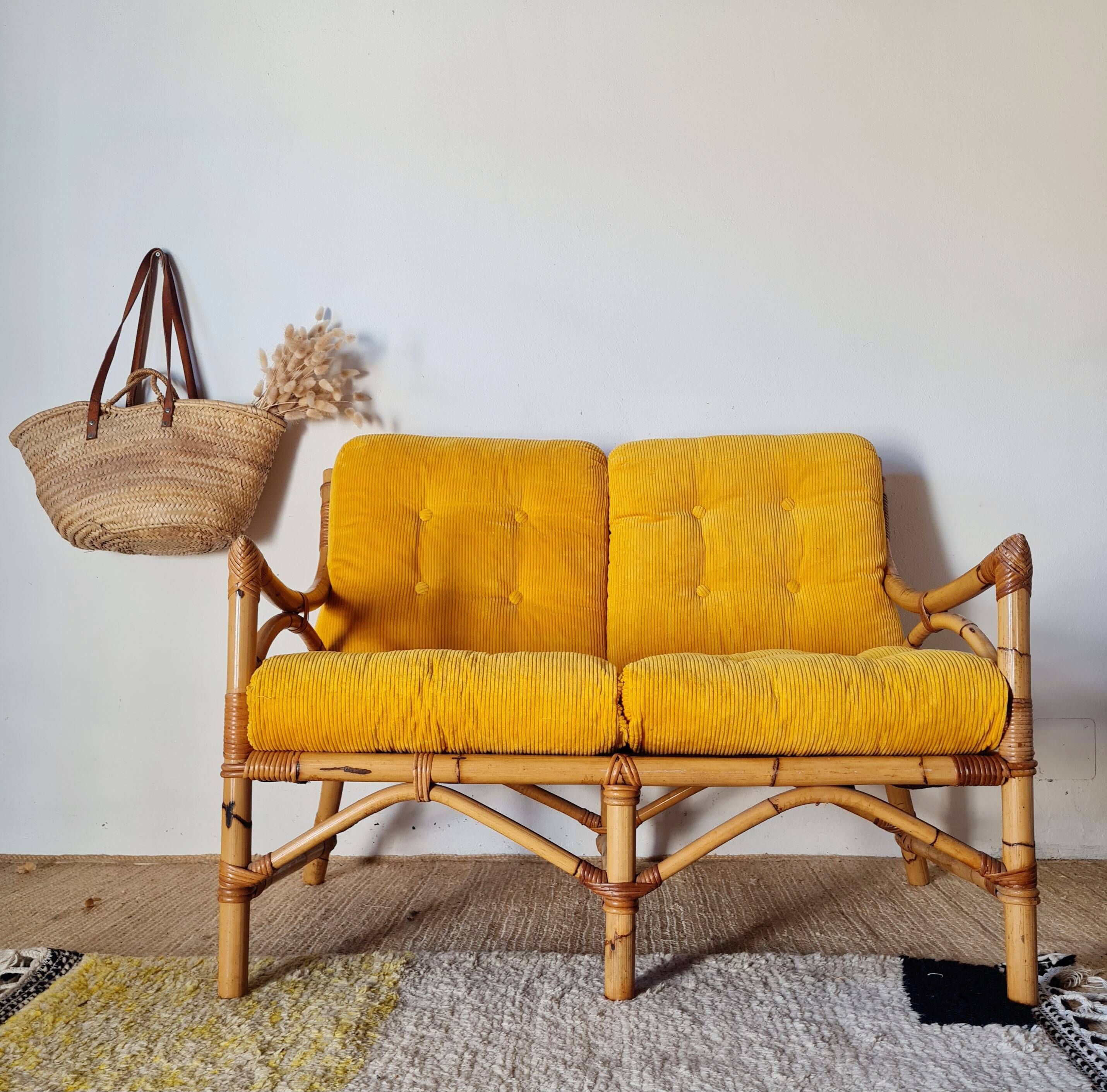 1960s rattan bench - yellow velvet