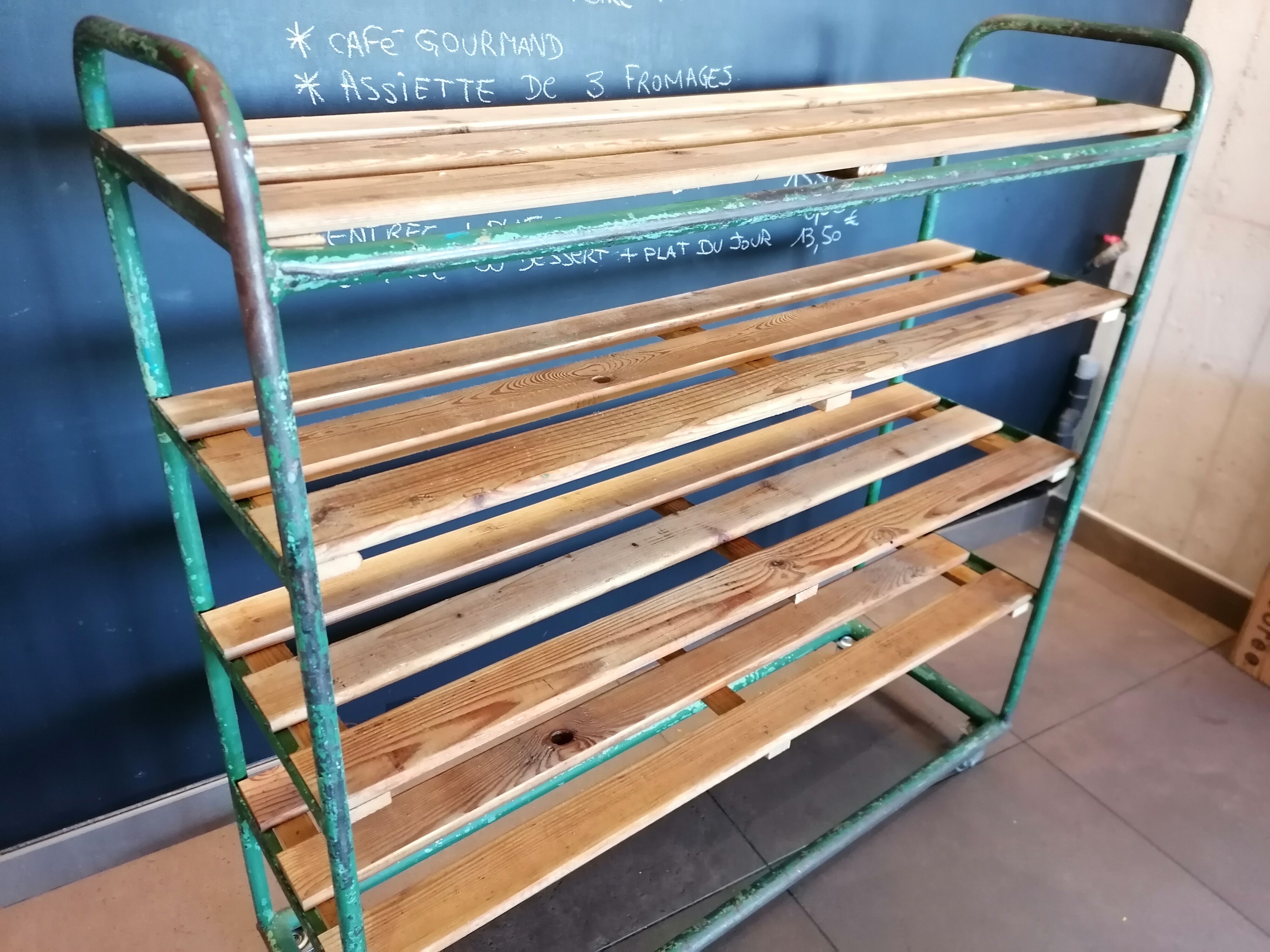 Steel and wooden shelf on wheels