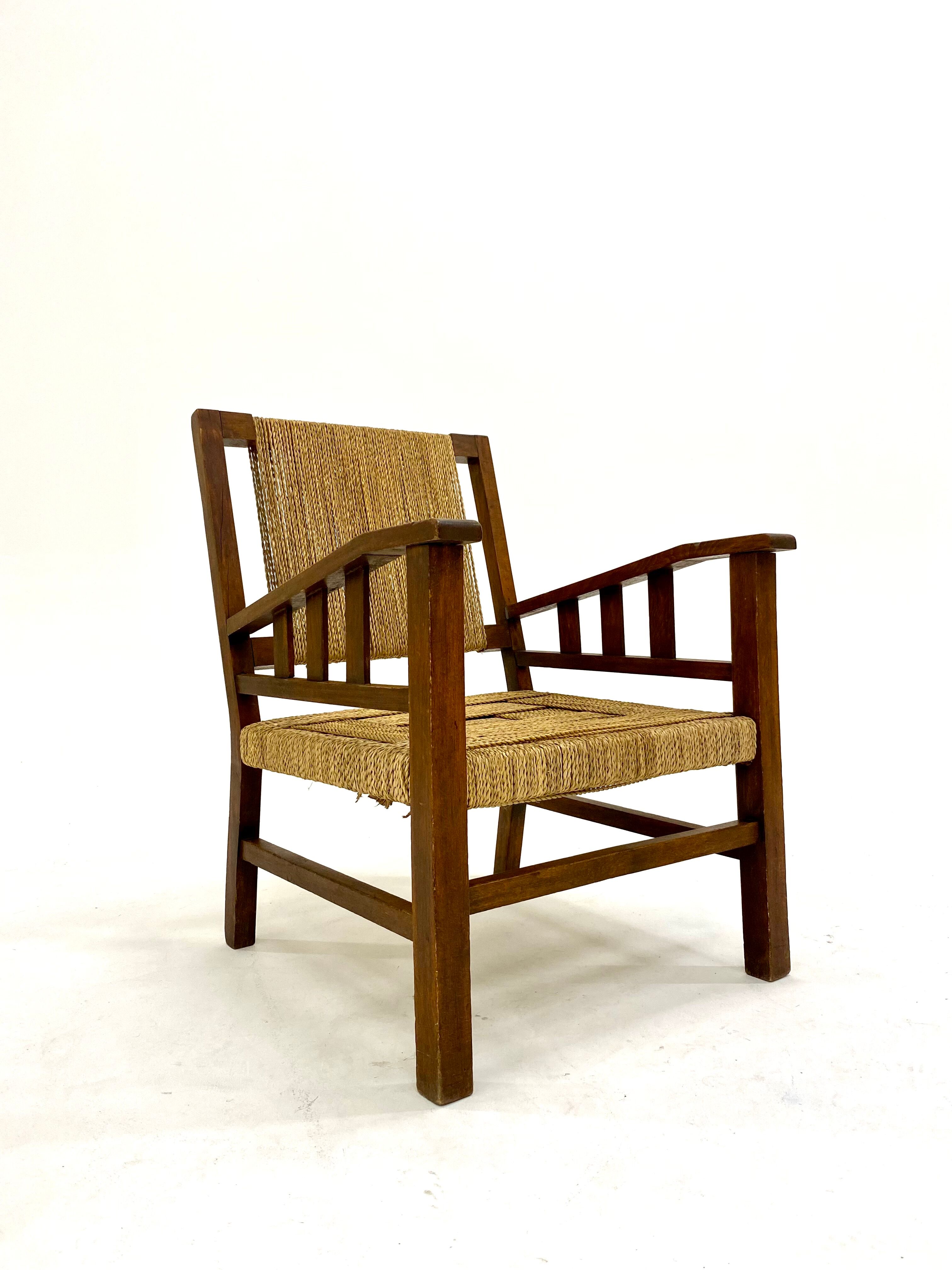 Francis Jourdain armchair in oak and rope 1930