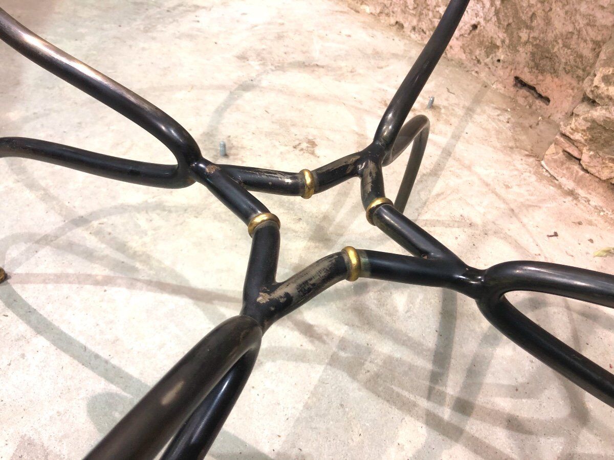 Dining room table base wrought iron and brass, glass top., 1980s