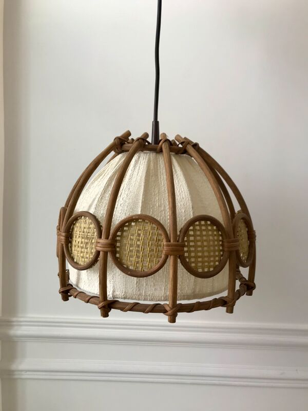 Suspension scandinave en rotin toile et cannage années 60-70