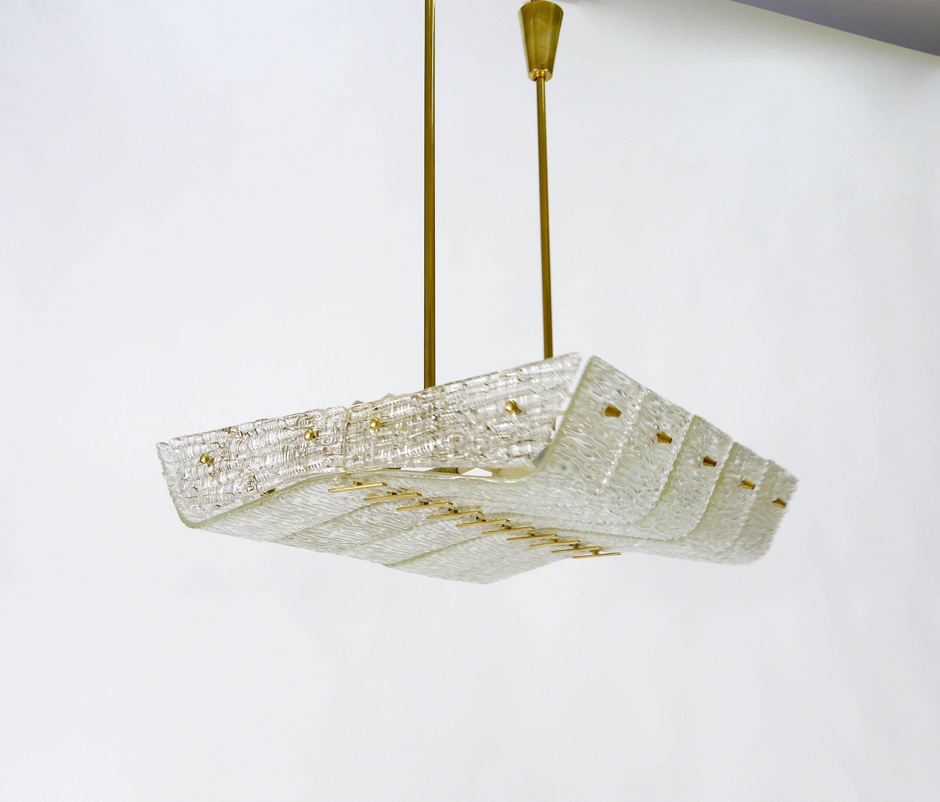 J.T. Kalmar enormous brass and textured glass chandelier, Austria, 1950s
