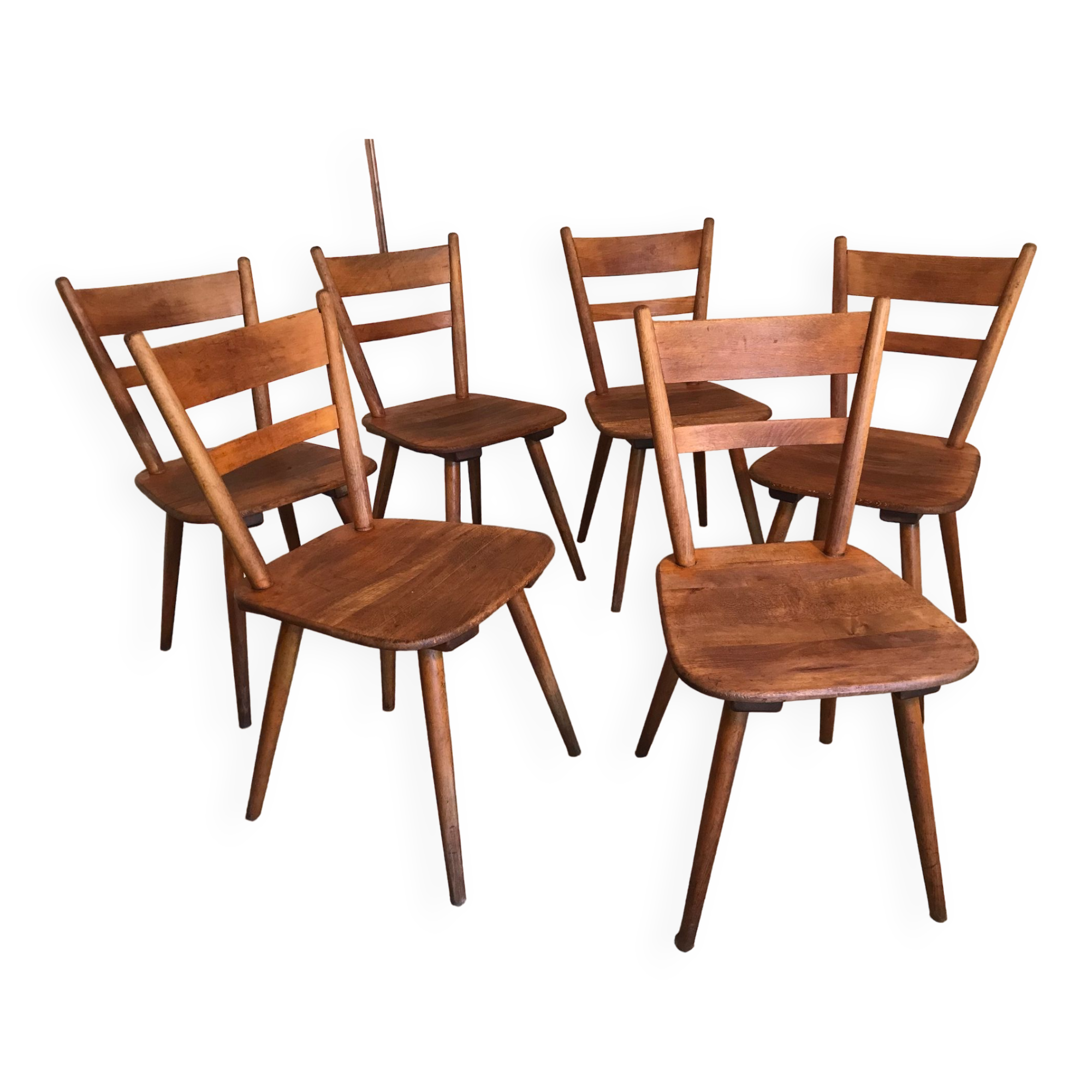 Set of 6 vintage solid wood chairs with compass legs 1960's