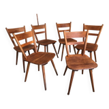 Set of 6 vintage solid wood chairs with compass legs 1960's