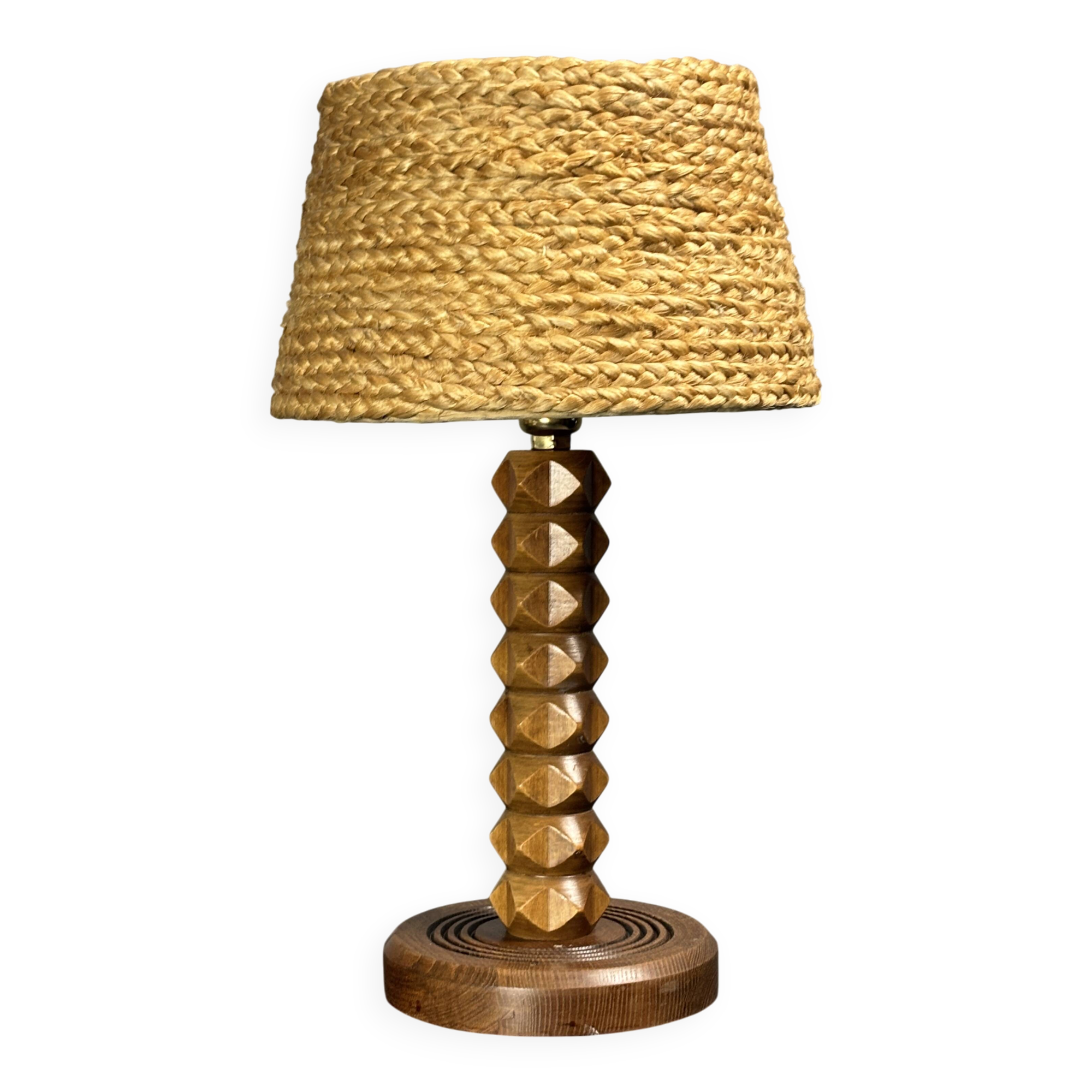 Mid-Century modern brutalist wood turned table lamp Charles Dudouyt style