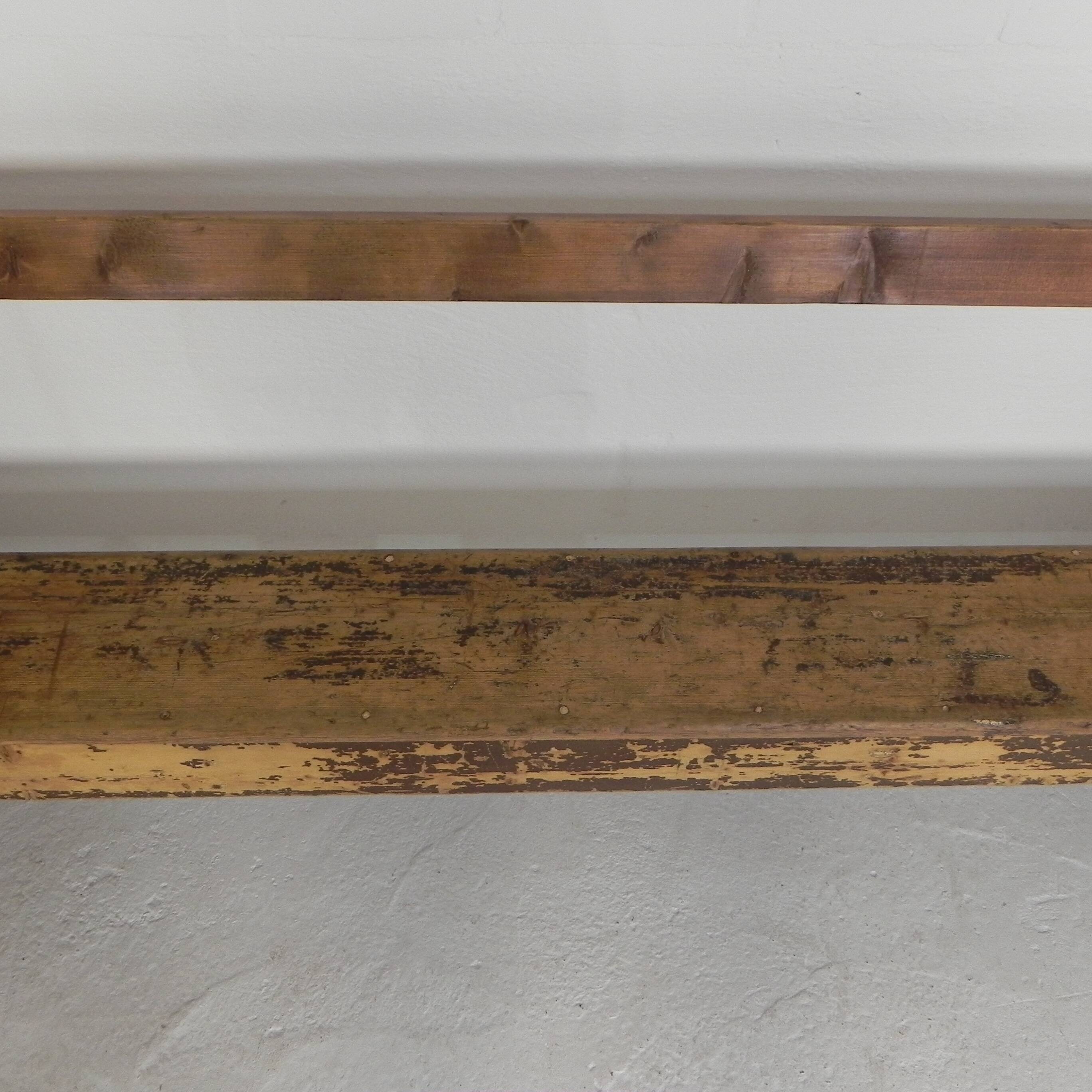 Pine bench with backrest, 2.5 metres long, 1950s.