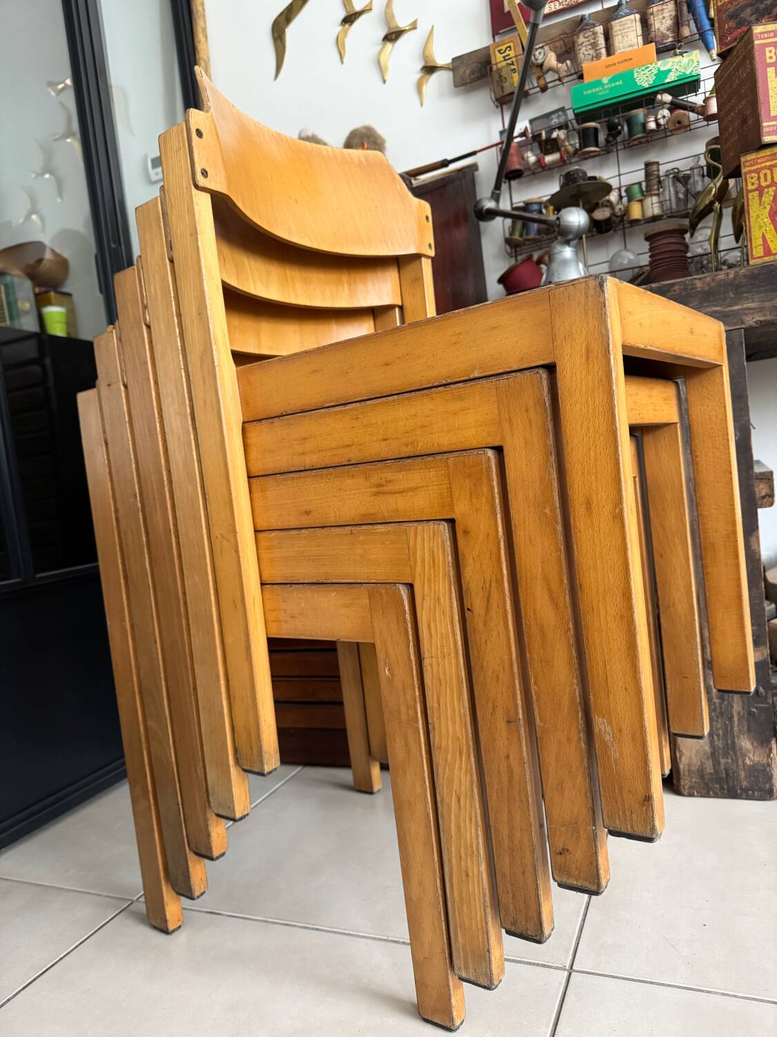 5 vintage stackable chairs — Rainer Schell Schlapp Möbel 1960s