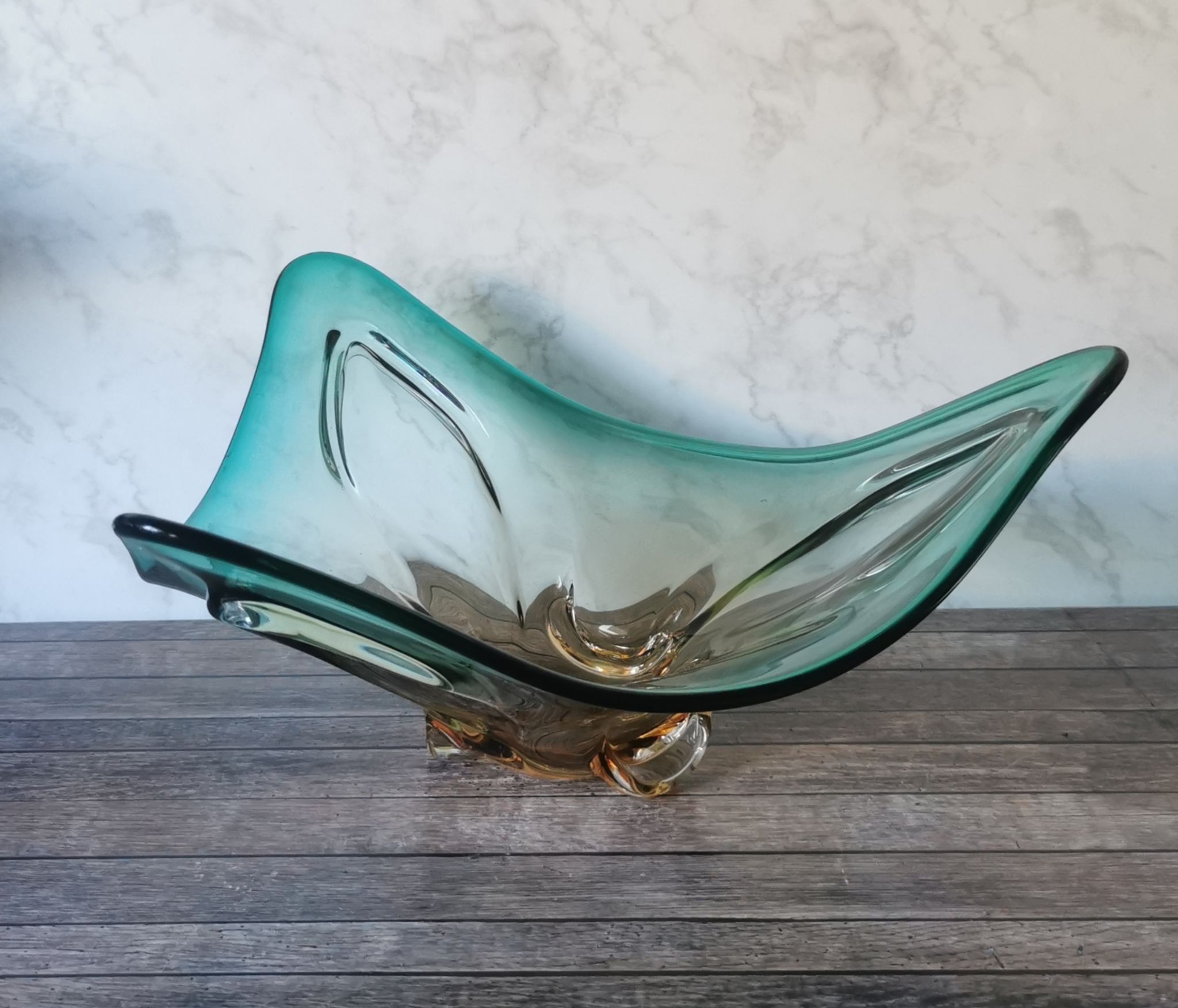 Large amber and green glass cup