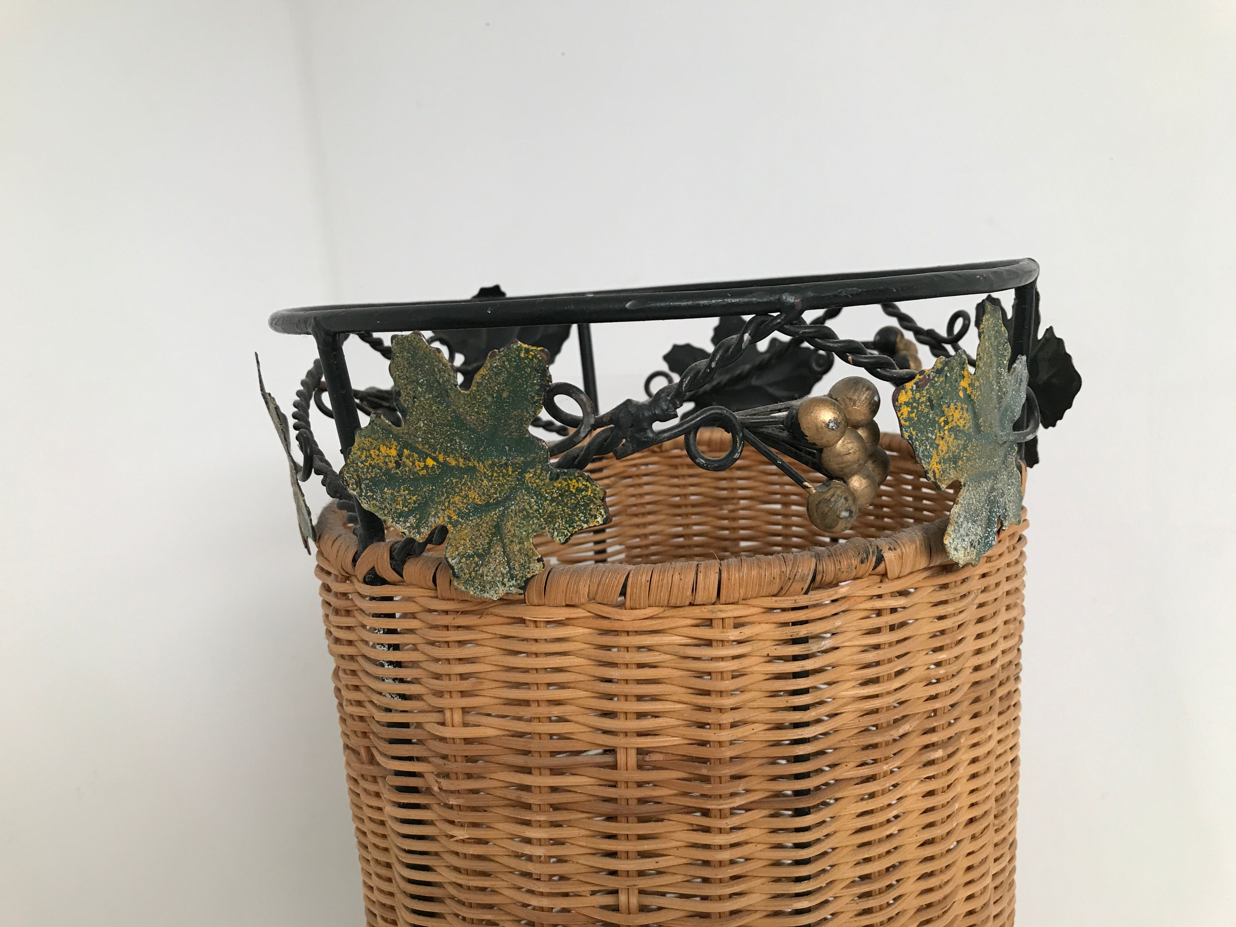 Vintage rattan and wrought iron umbrella holder