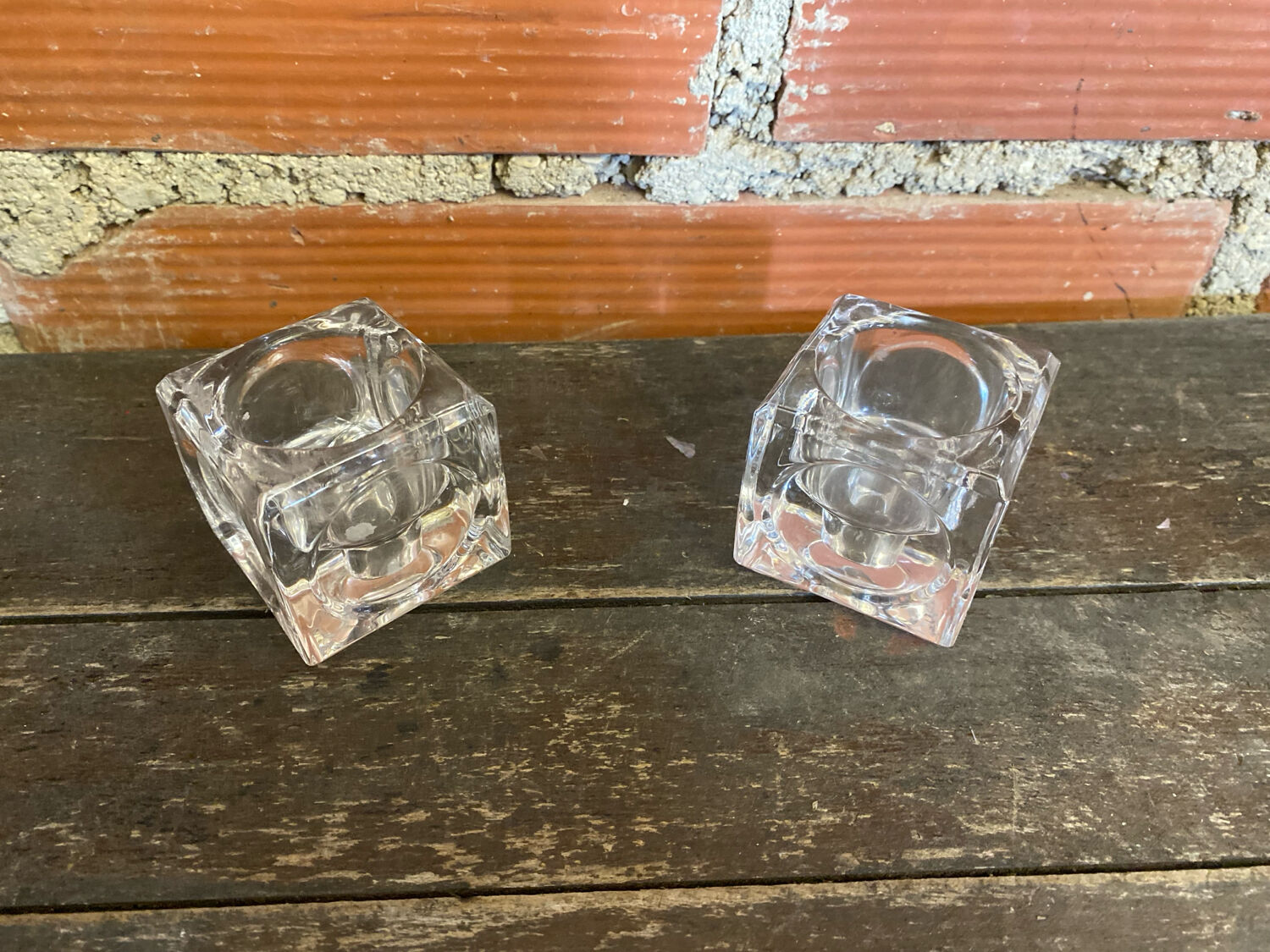 Pair of Modernist Cube Design Candle Holders Moulded Glass 1970s Vintage
