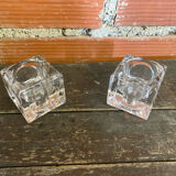 Pair of Modernist Cube Design Candle Holders Moulded Glass 1970s Vintage