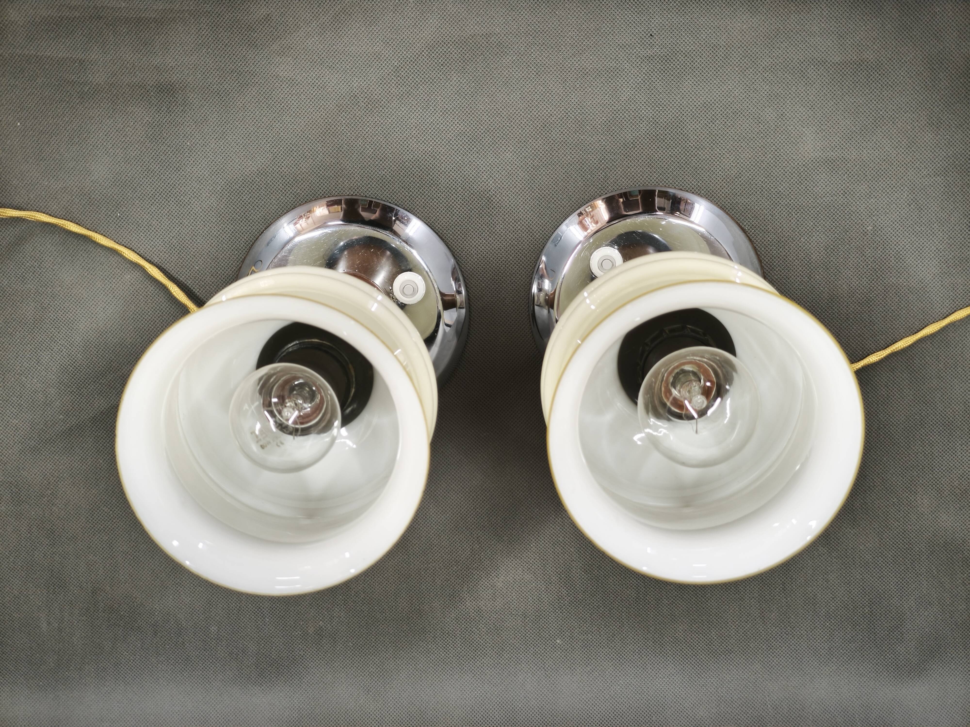 Pair of Italian Opaline Glass, Wood and Chrome Table Lamps, 1950s