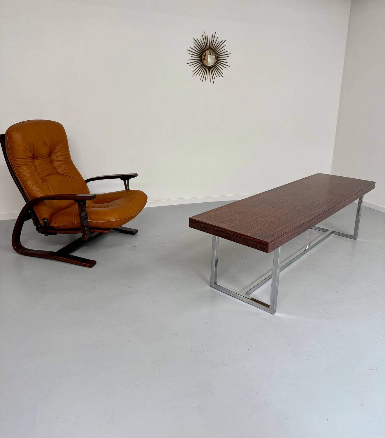 Antique and XXL Italian design coffee table from the 70s, rosewood veneer