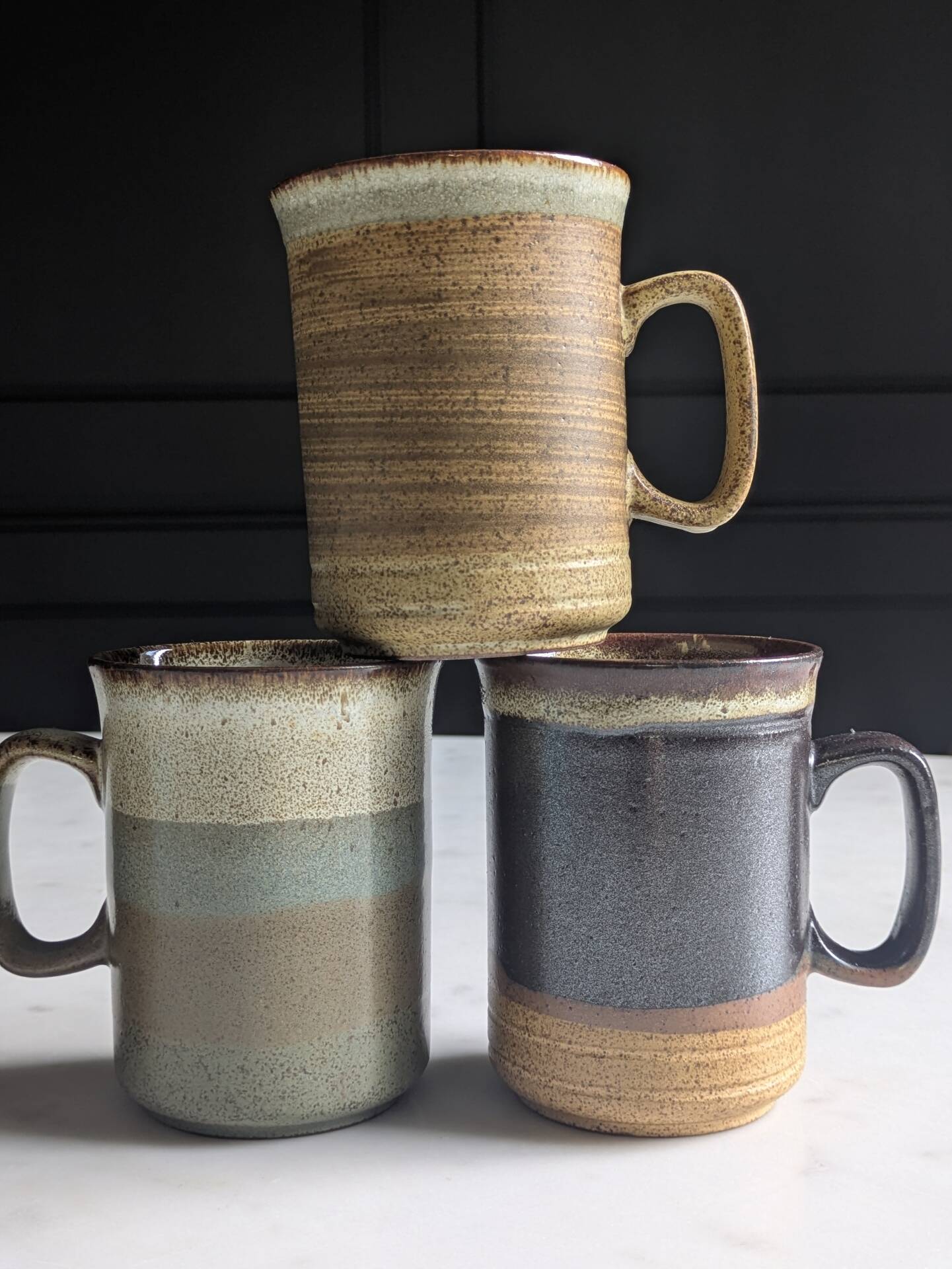 Set of brutalist mugs ''Buchan ceramics Scotland'' from the 1970s.