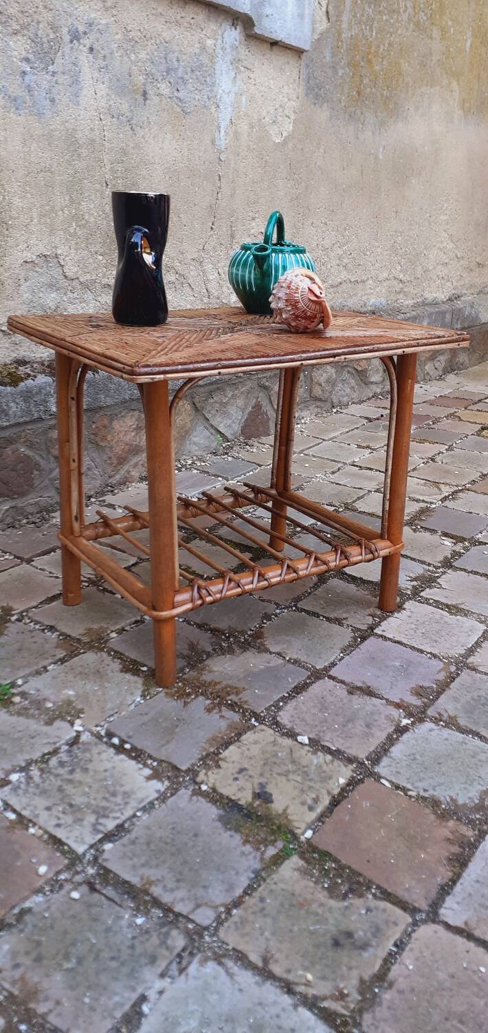 Side table, vintage 50s rattan coffee table