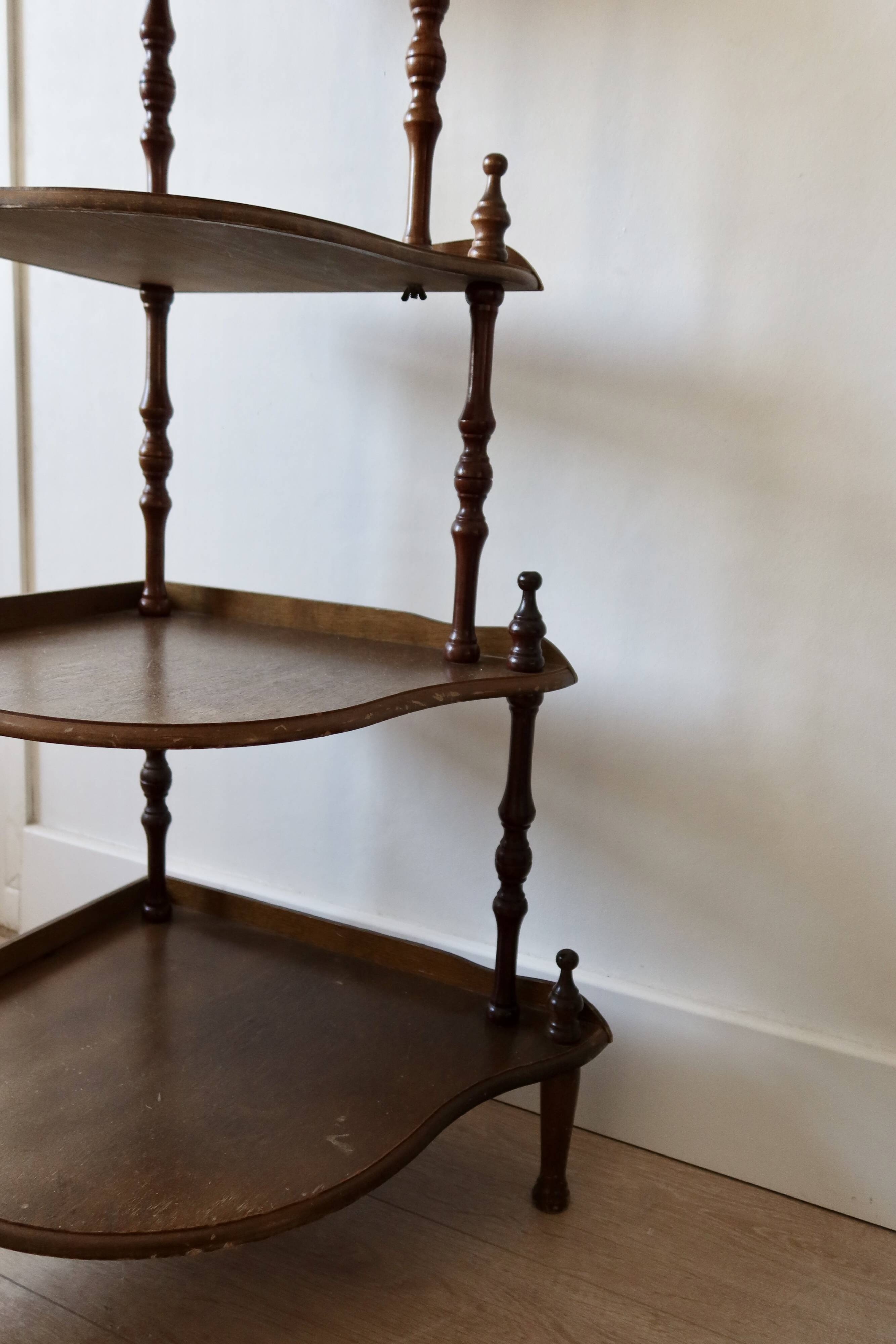 Vintage 5-Tier Corner Shelf on Legs, Turned Wood