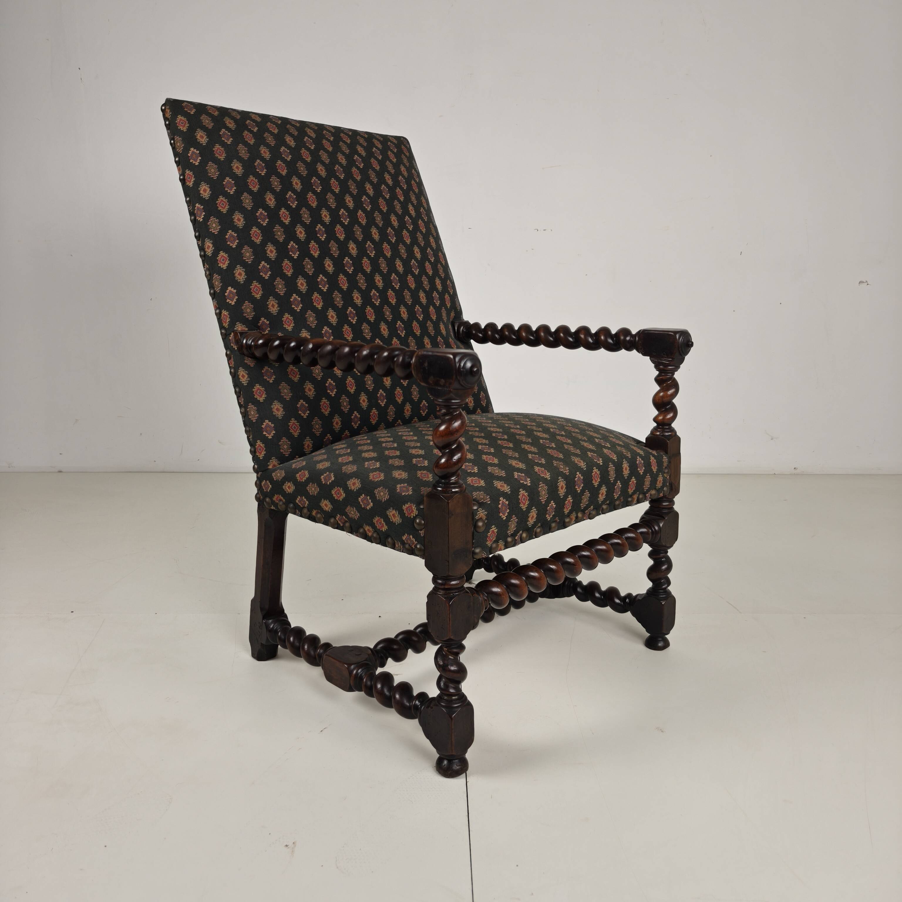 English Barley Twist Library Armchair in Dark Oak, circa 1700