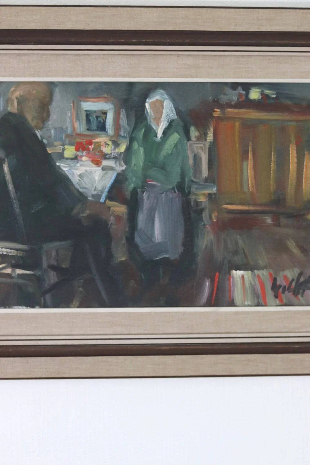 Huile sur toile suédoise originale – « Deux personnages à une table »