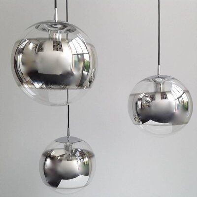 Set of 3 Mirror Glass Globe Suspension Lamps, 1960s