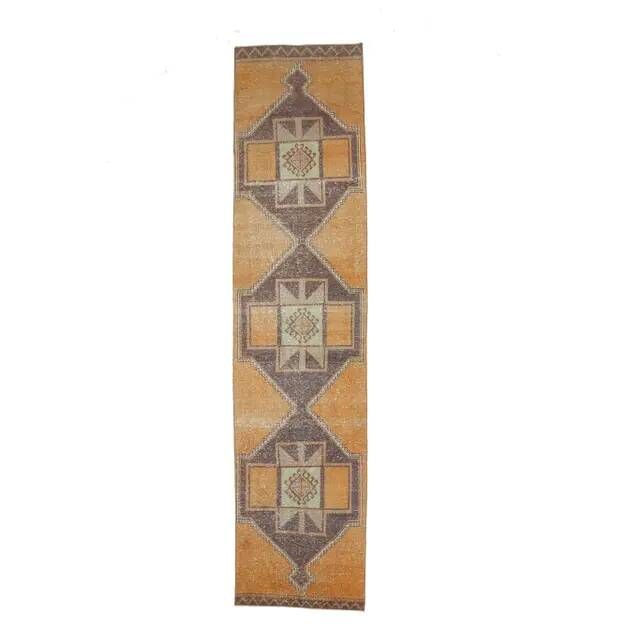 Vintage Turkish Oushak Handmade Wool Cotton Orange Runner Rug 95x375