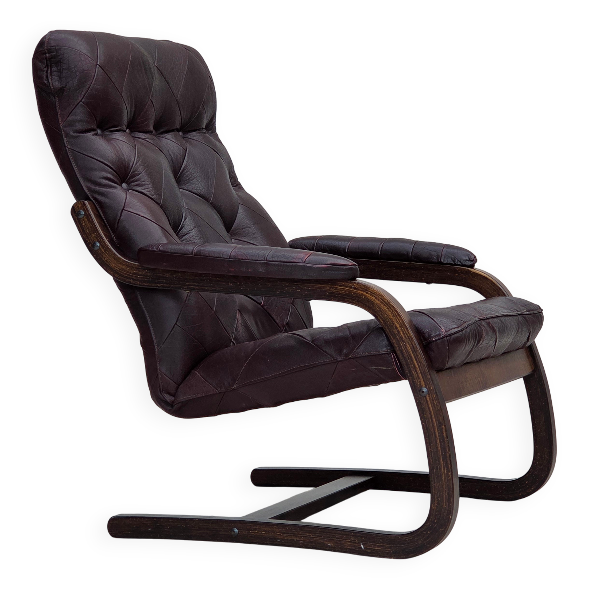 1970s, Scandinavian armchair, brown furniture leather, bent wood.