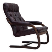 1970s, Scandinavian armchair, brown furniture leather, bent wood.