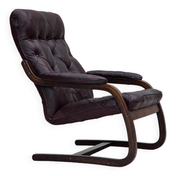 1970s, Scandinavian armchair, brown furniture leather, bent wood.
