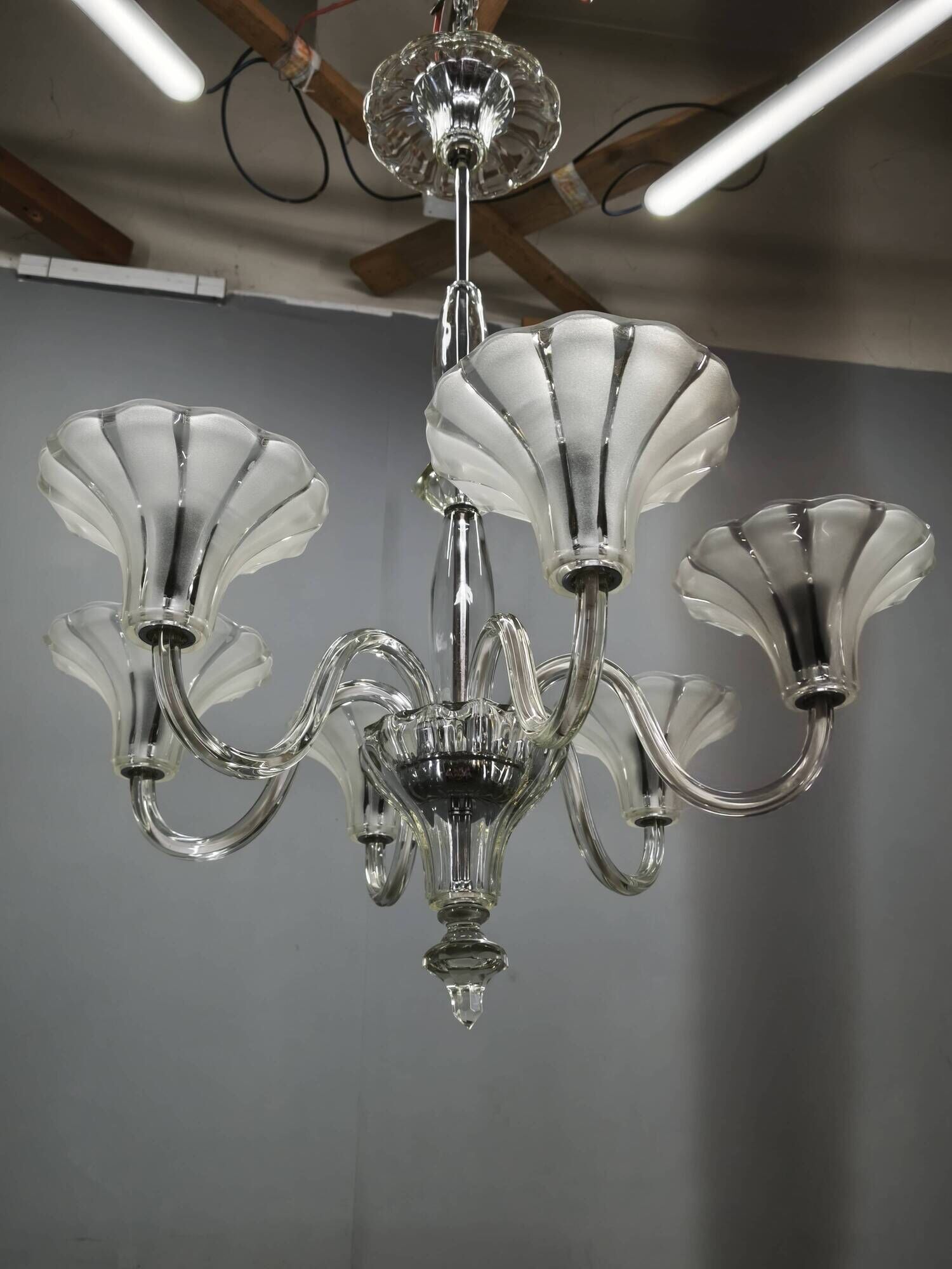 Art Deco Six-Arm Glass Chandelier, Czechoslovakia, 1930s