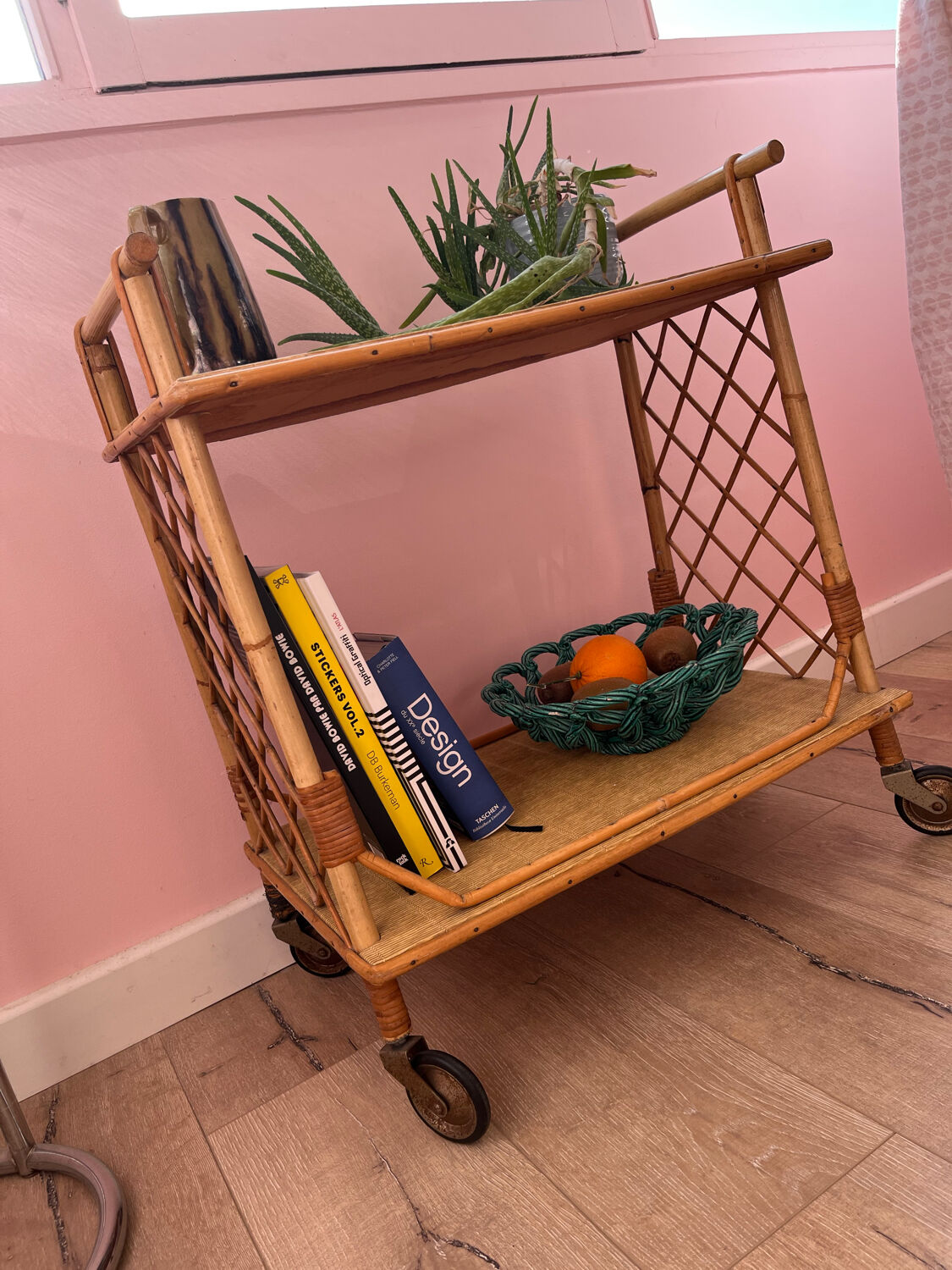 Rolling side table, serving cart, vintage rattan and wicker 60.