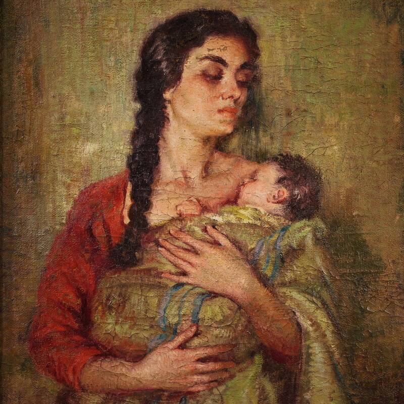 Peinture espagnole "Maternité" signée, 20e siècle