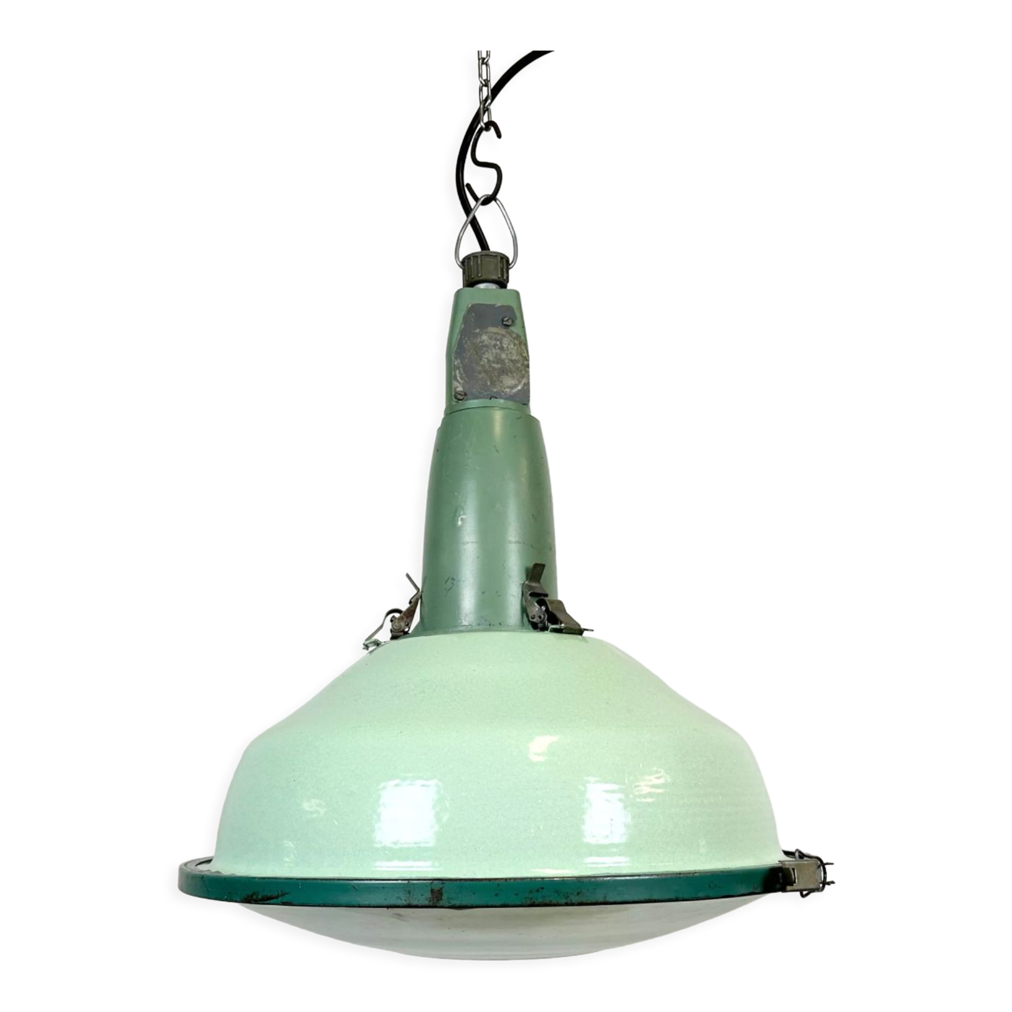 Industrial soviet green enamel pendant light with glass cover, 1960s
