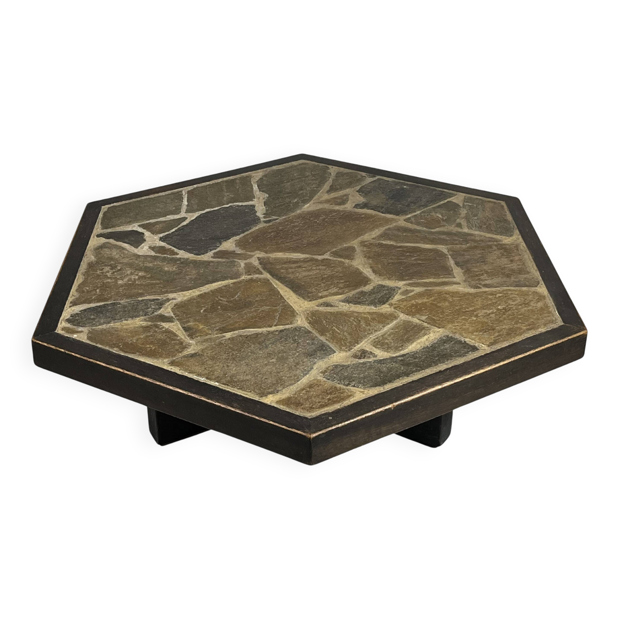 Large Brutalist Coffee Table in Oak and Stone Mosaic, 1960s