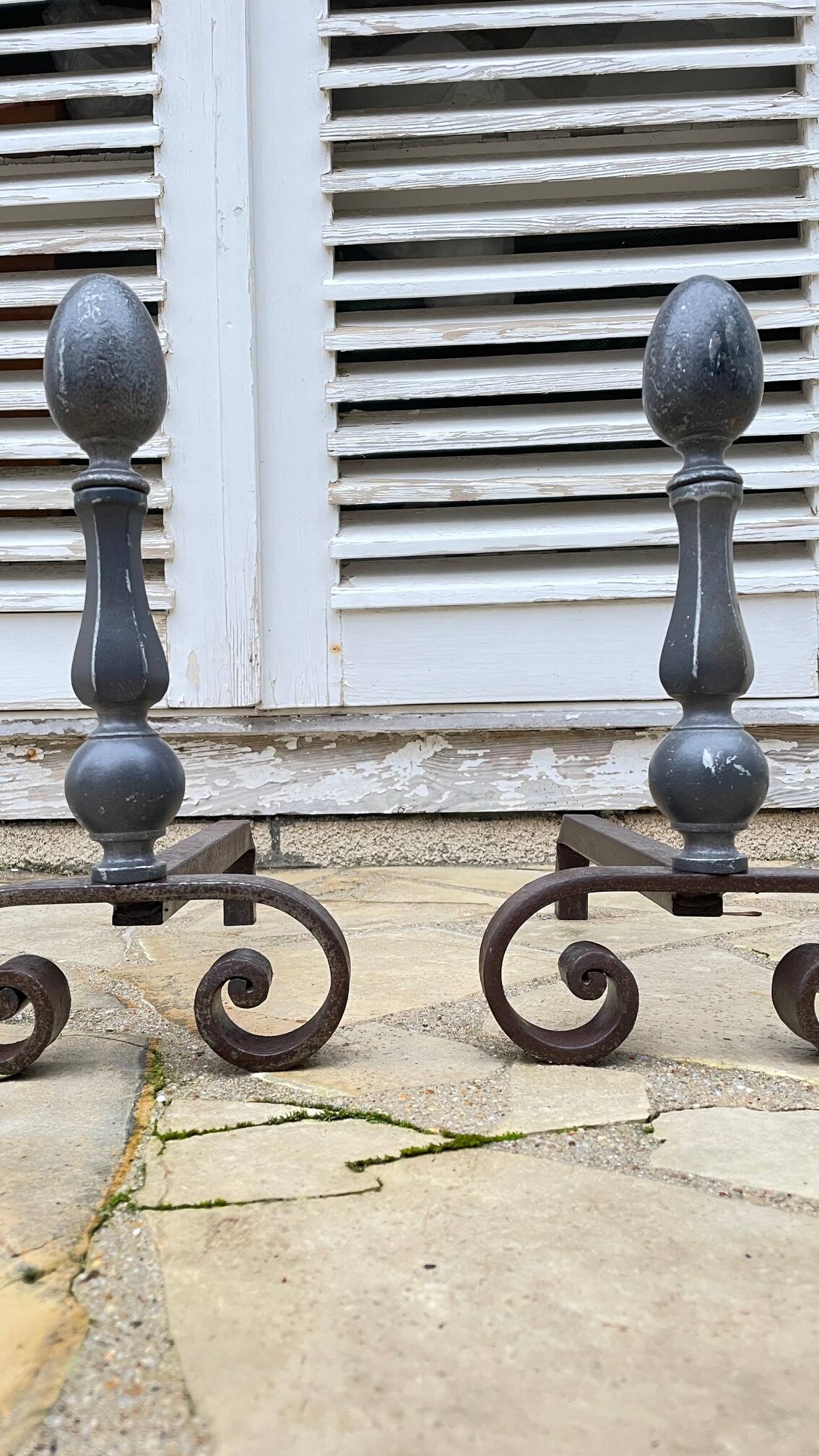 Pair of vintage geometric fire dogs