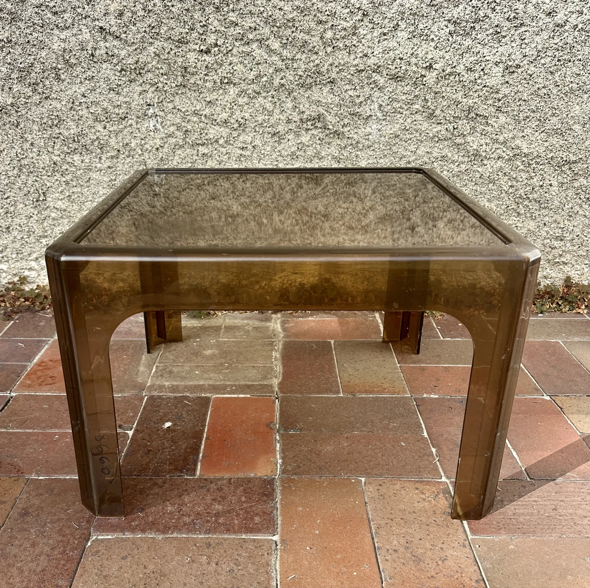1970s occasional coffee table in smoked Plexiglas by Prisunic