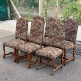 6 Louis XIV chairs made of solid wood with sheep bone and 19th-century floral fabric.