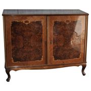 Neo-baroque brown wooden dressing table with marquetry and curved legs (1940, Hungary)