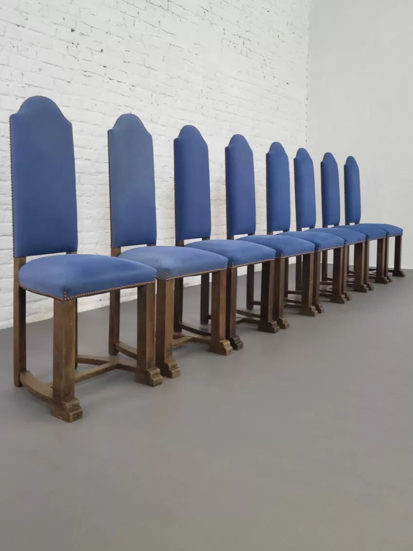 Set of 8 wooden and fabric chairs