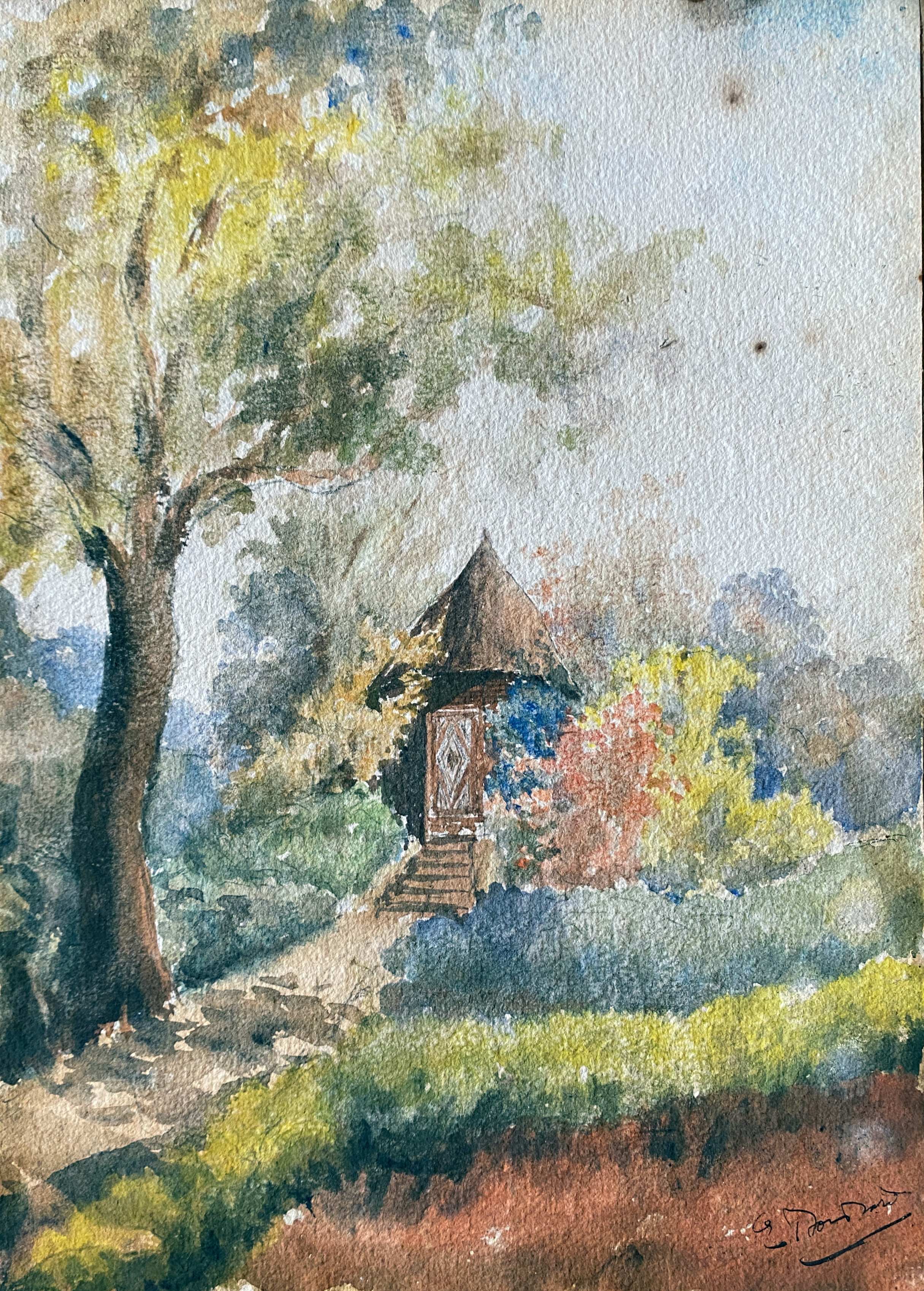 Watercolor painting "The cabin in the garden" late nineteenth century