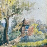 Watercolor painting "The cabin in the garden" late nineteenth century