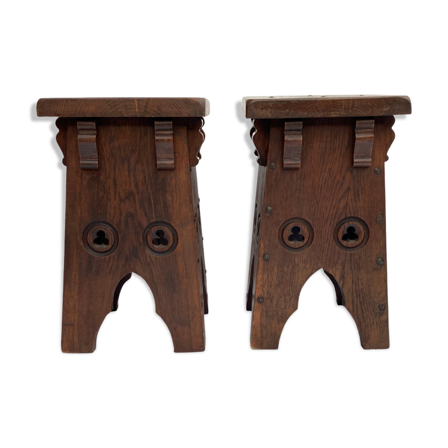Brutalist set of 2 neo gothic oak stools ( pair ), midcentury , Spain