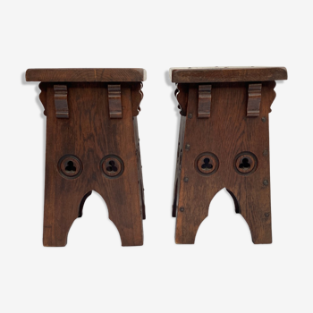 Brutalist set of 2 neo gothic oak stools ( pair ), midcentury , Spain