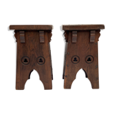 Brutalist set of 2 neo gothic oak stools ( pair ), midcentury , Spain