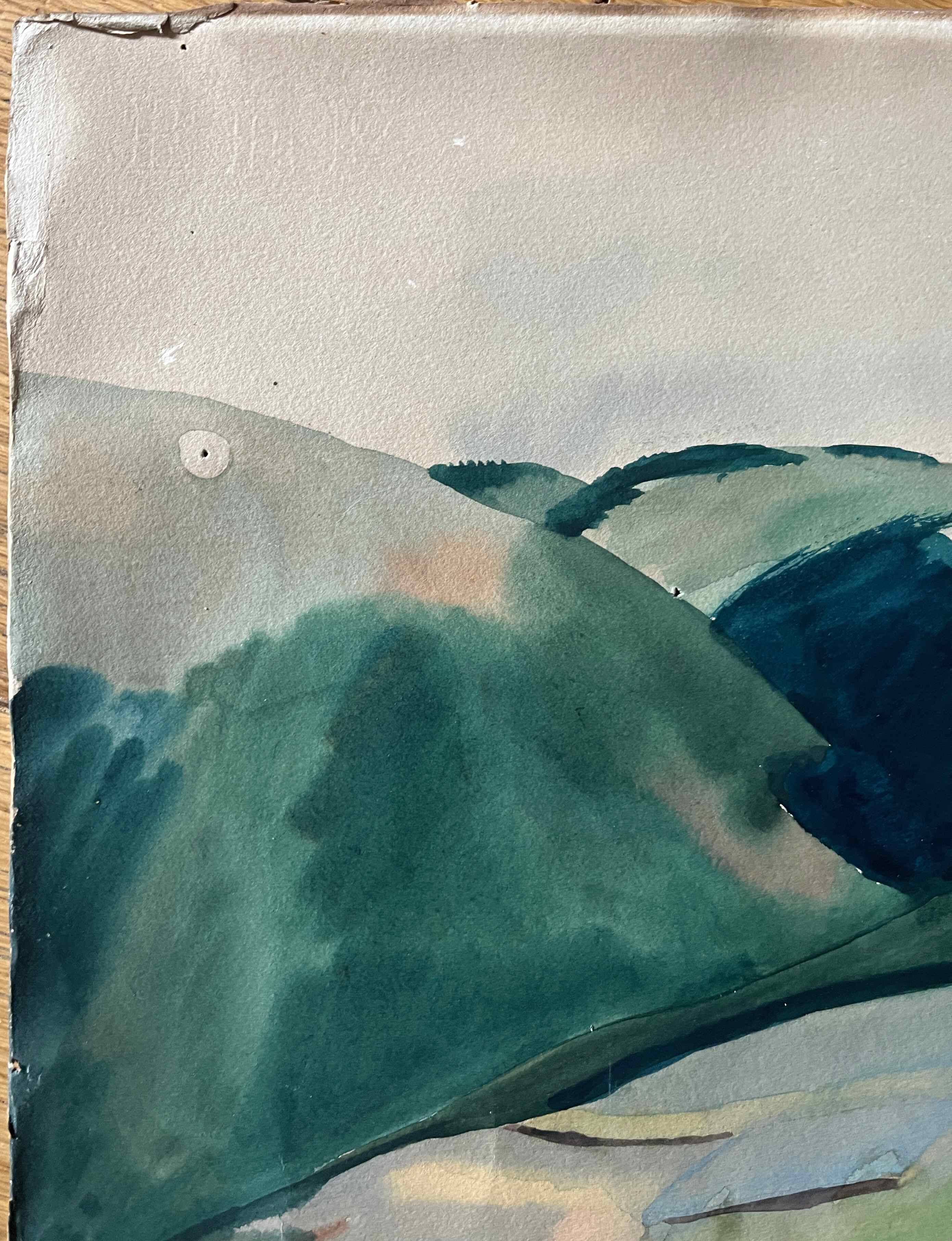 Large Watercolor Painting "Le Hameau" post-cubist landscape signed J. Ley 1943